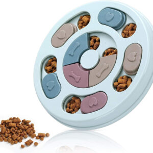 A blue Dog Puzzle Toy with several pieces of food on it.