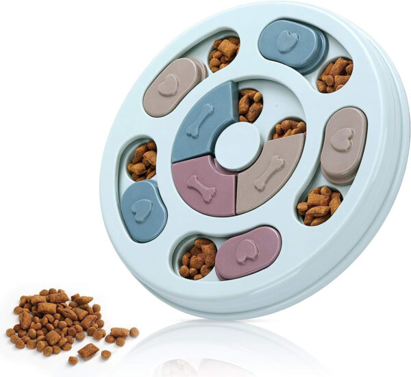 A blue Dog Puzzle Toy with several pieces of food on it.