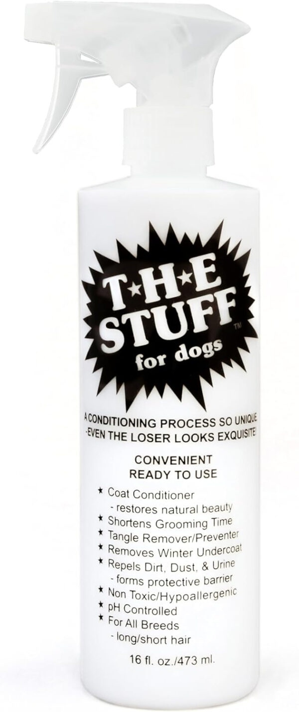 A bottle of the Top Rated Dog Detangling and Dematting Spray on a white background.