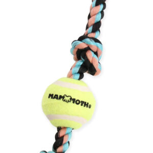 A Mammoth Flossy Chews Color 3 Knot Tug rope toy with a mini tennis ball on it.