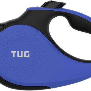 A blue TUG 360° Tangle-Free Retractable Dog Leash with Anti-Slip Handle | 16 ft Strong Nylon Tape | One-Handed Brake, Pause, Lock with the word tug on it.