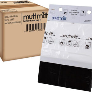 A 800-count package with Mutt Mitt 2-ply Dog Waste/Poop Pick Up Bag on hanger cards.