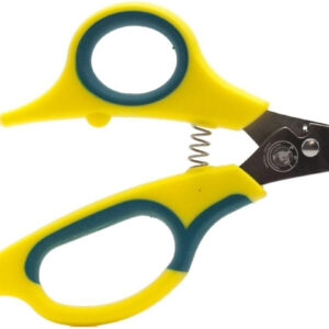 A pair of yellow and blue Zen Clipper Pet Nail Clippers for cats on a white background.