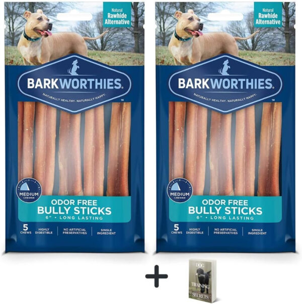 Barkworthies Odor Free Bully Sticks - 2 Pack (5 ct 6 inch) Premium Long Lasting Dog Treats