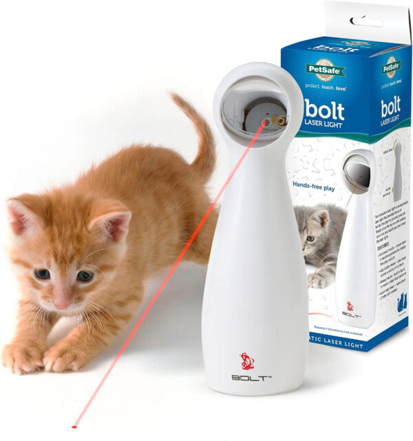 A kitten is playing with a PetSafe Bolt Automatic, Interactive Laser Cat Toy – Adjustable Laser with Random Patterns.