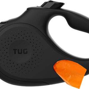 A black TUG Oval 360° Tangle-Free Retractable Dog Leash with Integrated Waste Bag Dispenser – Large, Black with an orange tag attached to it.