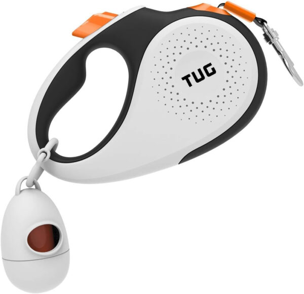 A white and orange dog leash with an orange ball attached to it from TUG 360° Tangle-Free Retractable Dog Leash with Waste Bag Dispenser - Small, White/Orange.