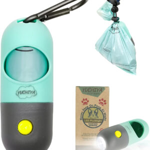 A light up dog leash with a pup waste bags dispenser and LED flashlight.