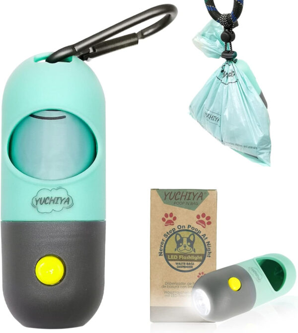 A light up dog leash with a pup waste bags dispenser and LED flashlight.