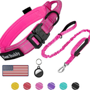 A pink Tactical Dog Collar and Leash Set - Adjustable Military Nylon Reflective Dog Leash and Collar with Handle and Heavy Metal Buckle, Airtag Holder and 2 Patches with an american flag design.