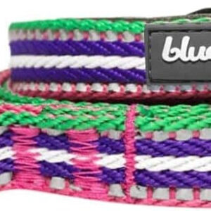 The Blueberry Pet 3M Reflective Multi-Colored Stripe Dog Leash - Soft & Comfortable Handle, 5 ft x 3/4", Olive & Blue-Gray, Medium has a purple, pink and green stripe.