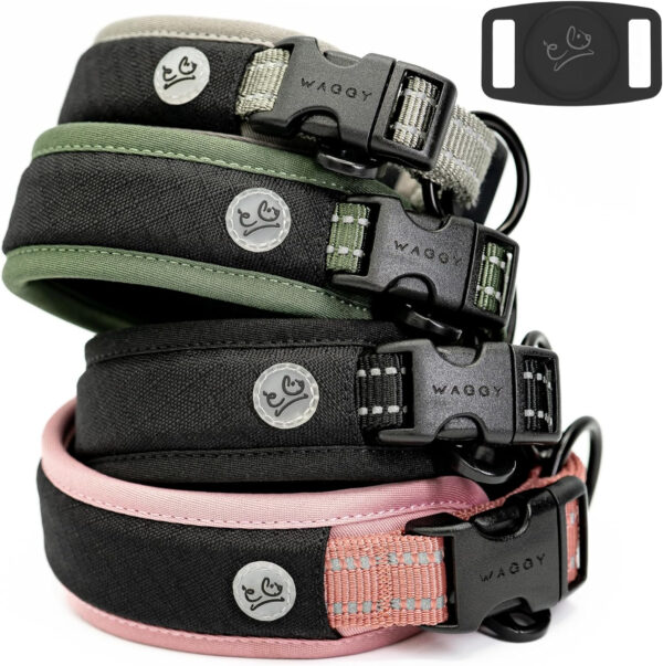 A set of four dog collars in black, pink and green, including a Premium Dog Collar with Apple Airtag Holder - Adjustable Heavy Duty 3M Reflective Air Mesh Padded Pet Collar for Small Medium Large Dogs (Medium, Green)