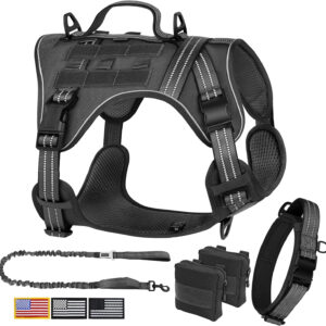 A black PET ARTIST Tactical Dog Vest Harness with a leash and accessories featuring metal buckles for control and convenience for medium to large dogs.