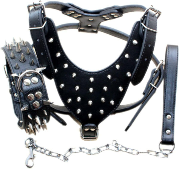 A black Leather Sharp Spiked Studded Dog Collars, Harnesses & Chain Leashes 3Pcs Matching Set for medium & large dogs.