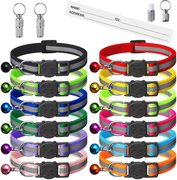 A 14 Pack Reflective-Breakaway Cat Collars with Bells - Adjustable and Safe Kitten Collars with Name Tags, suitable for kittens.