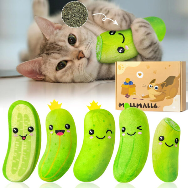 A cat is playing with a Pickle Cat Toy.