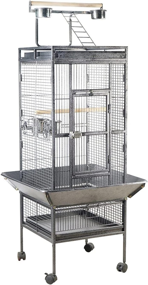 A Metal Large Pet Bird Cage with a wooden floor, suitable for indoor or outdoor use.