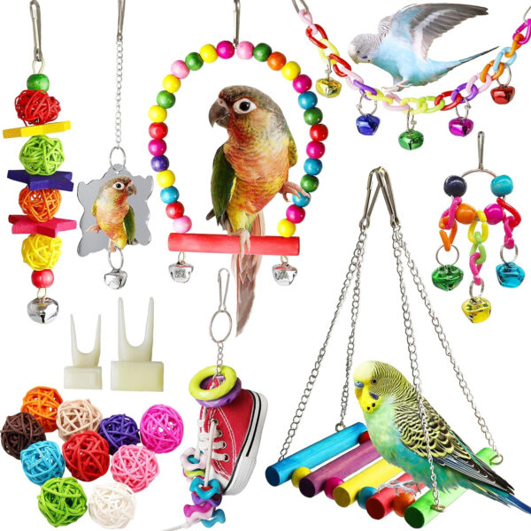 A variety of Bird Parakeet Cockatiel Toys - Pet Bird Cage Swing Hammock Chewing Toy and accessories for Parakeets and Cockatiels.