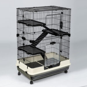 A black and white cage with a rat in it.