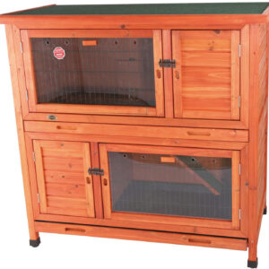 A wooden rabbit hutch with two doors.