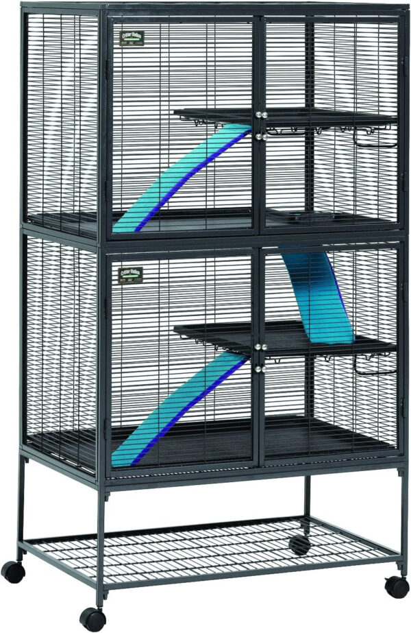 A hamster cage with two shelves and a blue shelf.