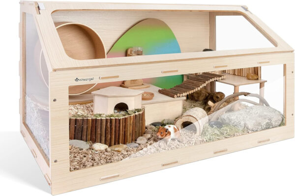 A wooden hamster hutch with a hamster inside.