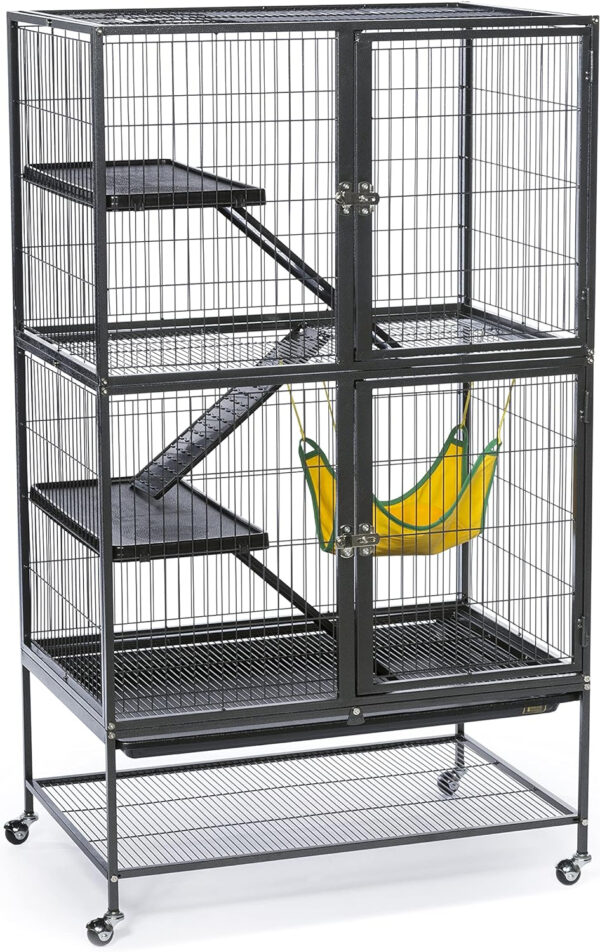 A stylish Marshall Pet Products Deluxe Ferret Home featuring a black cat cage with a yellow hammock for your furry friend.