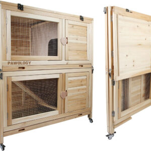 A collapsible rabbit hutch with two doors and cages for small animals.