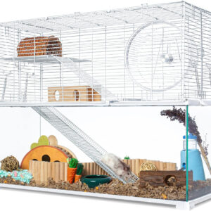 A OIIBO 3 Tiers Large Glass Hamster Cage Habitat with Openable Wire Topper with toys and food in it.