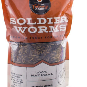 A bag of Culinary Coop Premium Chicken Treats - Soldierworms, rich in protein and calcium, on a white background.