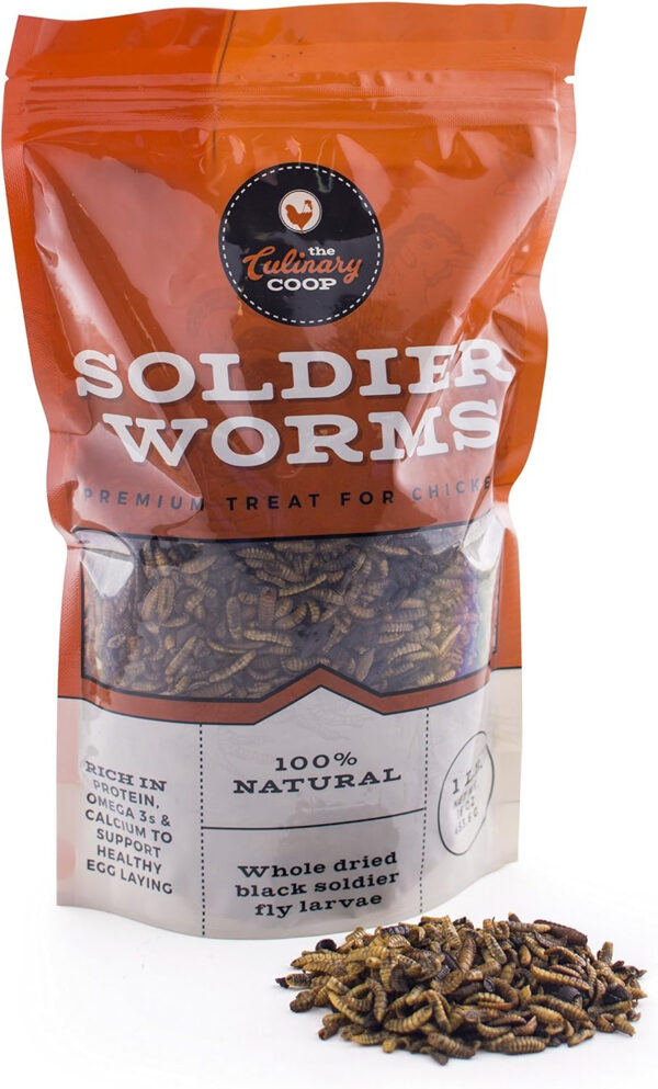 A bag of Culinary Coop Premium Chicken Treats - Soldierworms, rich in protein and calcium, on a white background.