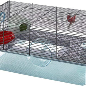 A Ferplast Favola Hamster Cage - Free Water Bottle, Exercise Wheel, Food Dish & Hamster Hide-Out (23.6L x 14.4W x 11.8H-Inches) featuring a white background.