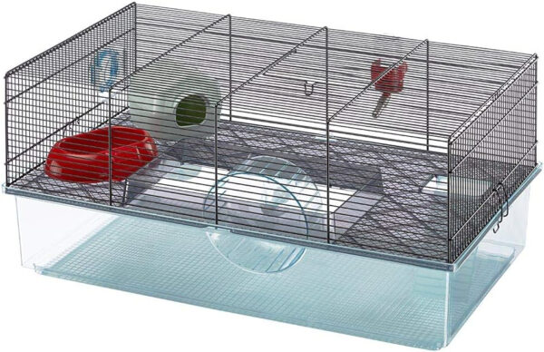 A Ferplast Favola Hamster Cage - Free Water Bottle, Exercise Wheel, Food Dish & Hamster Hide-Out (23.6L x 14.4W x 11.8H-Inches) featuring a white background.