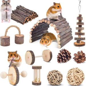 11 Pack Chinchillas Chew Toys - Natural Apple Wood Ladder, Bell, Roller set with natural apple wood ladder and sticks.