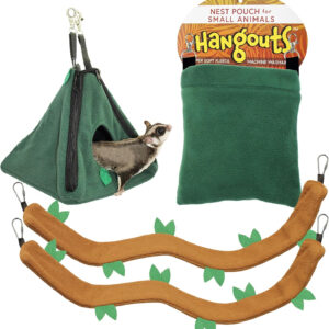 A green teepee and an Exotic Nutrition Forest Pouch Set for a ferret.