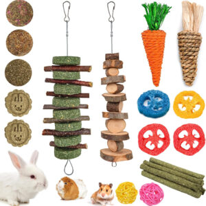 A variety of treats for rabbits and other animals including 20 PCS Bunny Chew Toys for Teeth - Natural Rabbit Toys, Apple Wood, Grass, Timothy Sticks Chew and Treat for Guinea Pigs, Hamsters, Chinchillas.