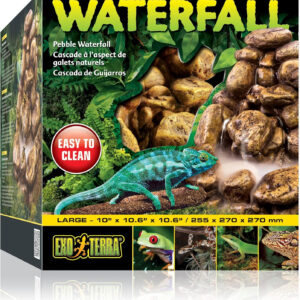 A large Exo Terra Waterfall - PT2914 for reptiles and amphibians, including a box of waterfall with a lizard.