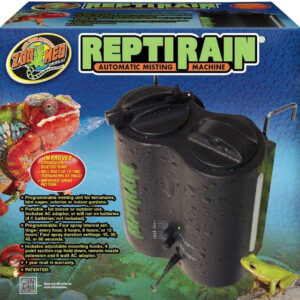 A box with a Zoo Med Reptirain Automatic Habitat Mister that helps maintain optimal humidity levels for your reptile.