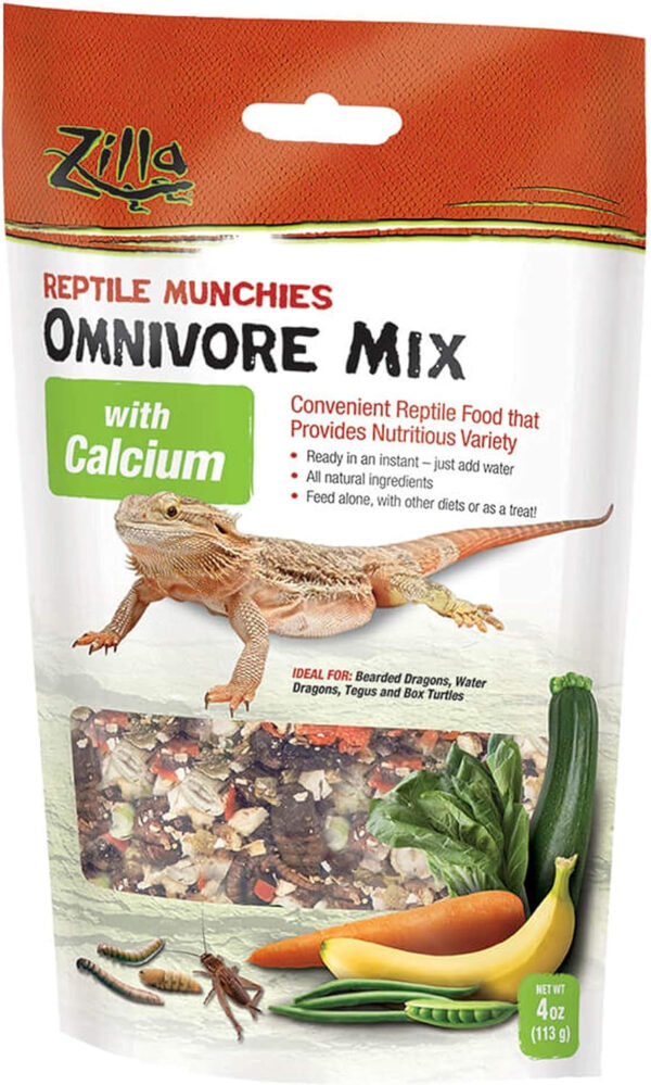 A close up of a container filled with Zilla Reptile Food Munchies Omnivore Mix with Calcium - Nutritious Food for Reptiles - 4-Ounce for reptiles.