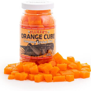 A jar of Fluker's Orange Cube Complete Cricket Diet - Nutrient-Rich Food for Crickets.