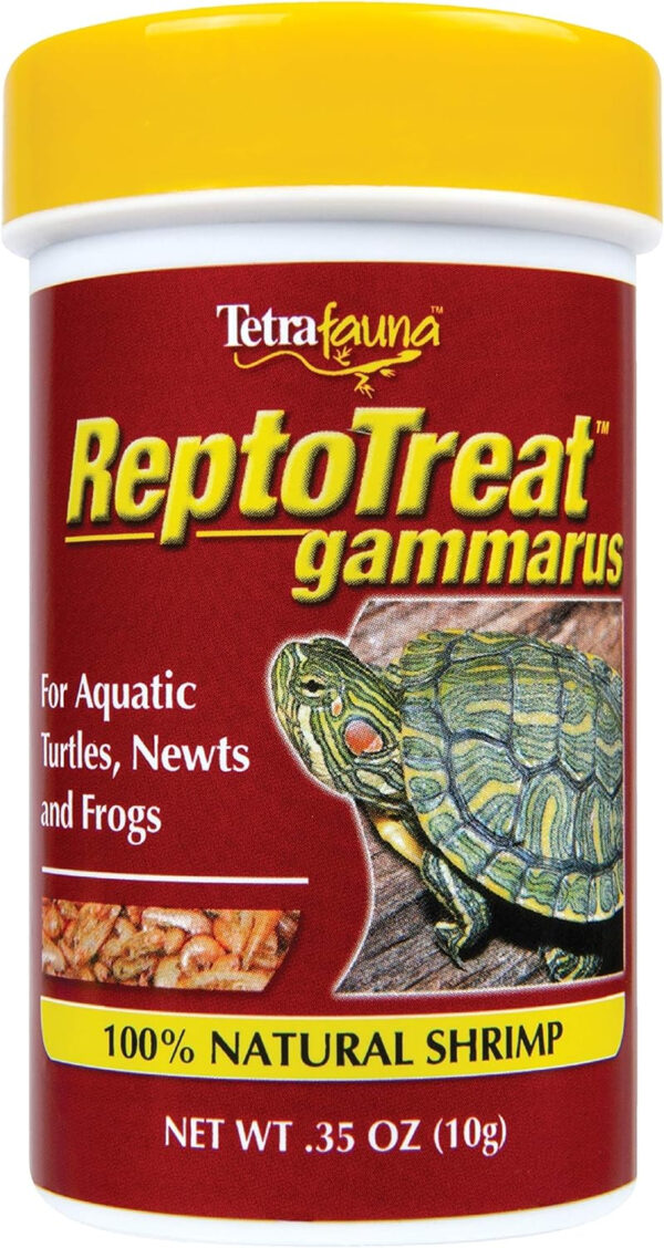 A Tetrafauna ReptoTreat Gammarus container with a red label featuring a turtle.