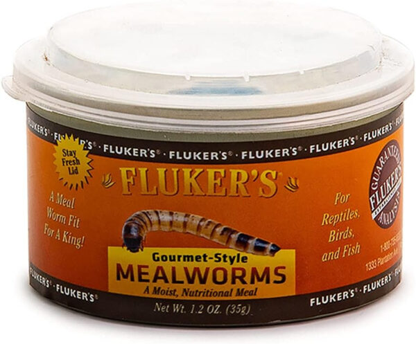 A container of Fluker's Gourmet Canned Food - Nutritious Diet for Reptiles, Fish, Birds, and Small Animals - 1.23 Ounce (Pack of 1) with a label.