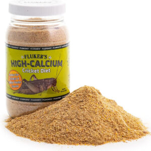 A jar of Fluker's High Calcium Cricket Diet suitable for reptile feeder crickets.