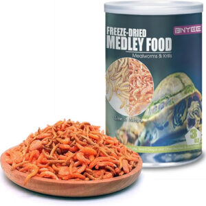 A can of Aquatic Turtle Medley Food - Freeze-Dried
Shrimp & Mealworms for Aquatic Turtle, Bearded Dragon, and Other Reptiles
& Amphibians is placed beside a wooden bowl.