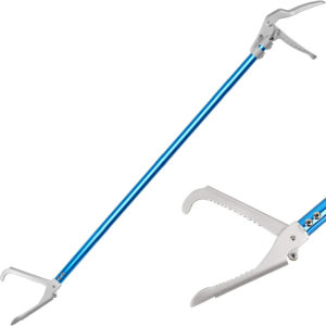 A pair of blue and silver snake tongs with a secure lock.