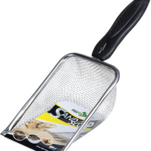 A metal mesh strainer with a black handle, Perfect for filtering liquids or draining pasta.